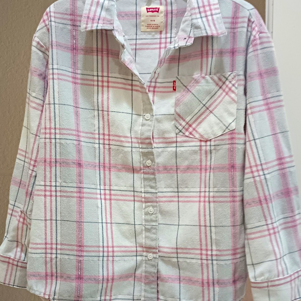Levi's Girls Plaid Collared Long Sleeve Button-Up Shirt Pink White Gray 10-12